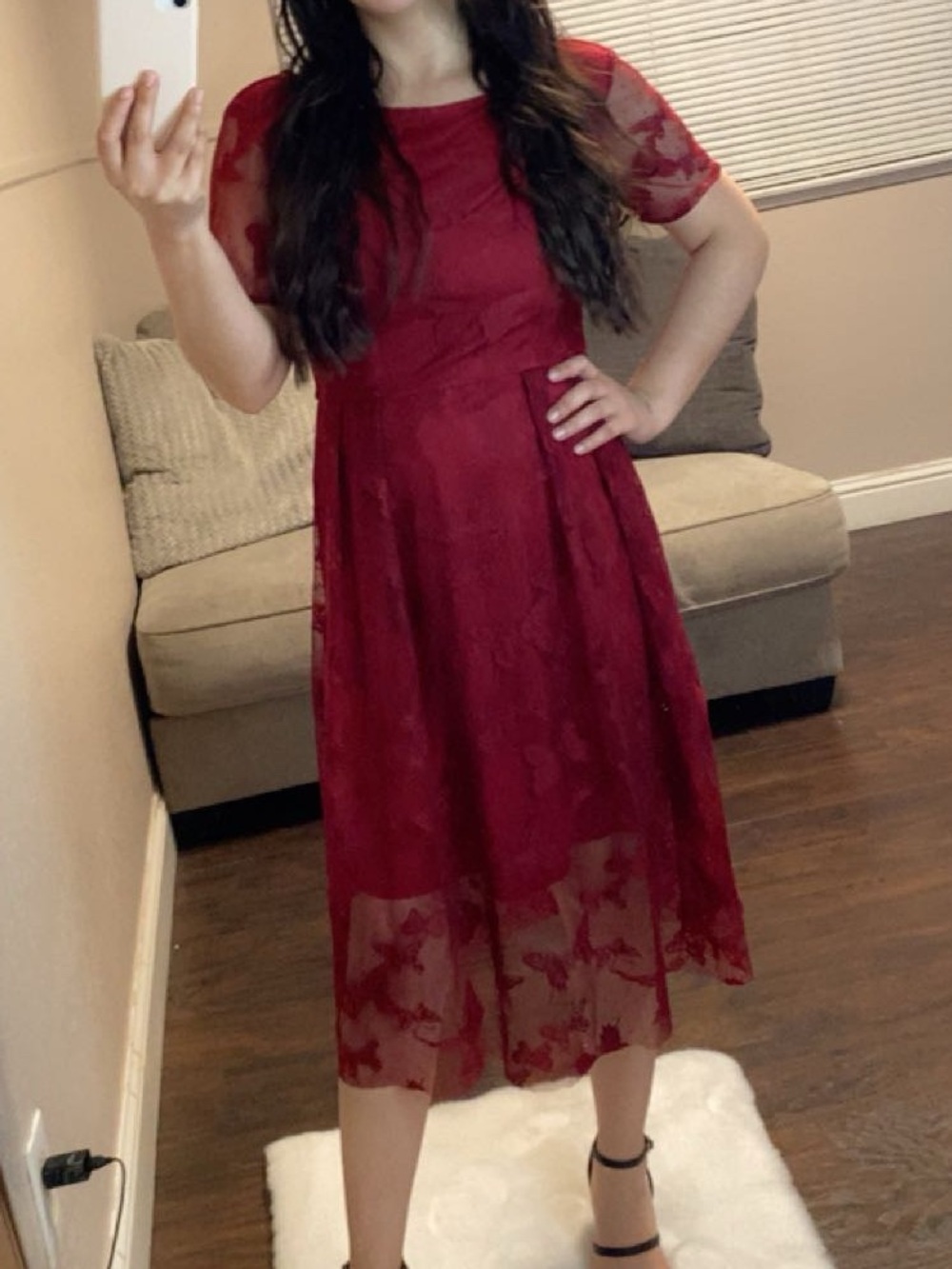 SHEIN Burgundy Lace Midi Dress with Sheer Short Sleeves